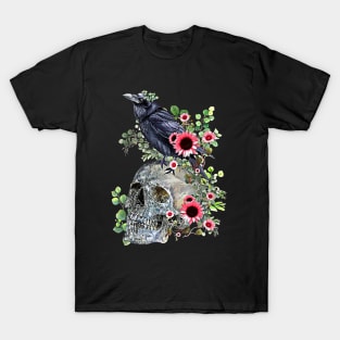 Black raven with skull and leaves crow, skeleton leaves eucaliptus and pink sunflowers T-Shirt